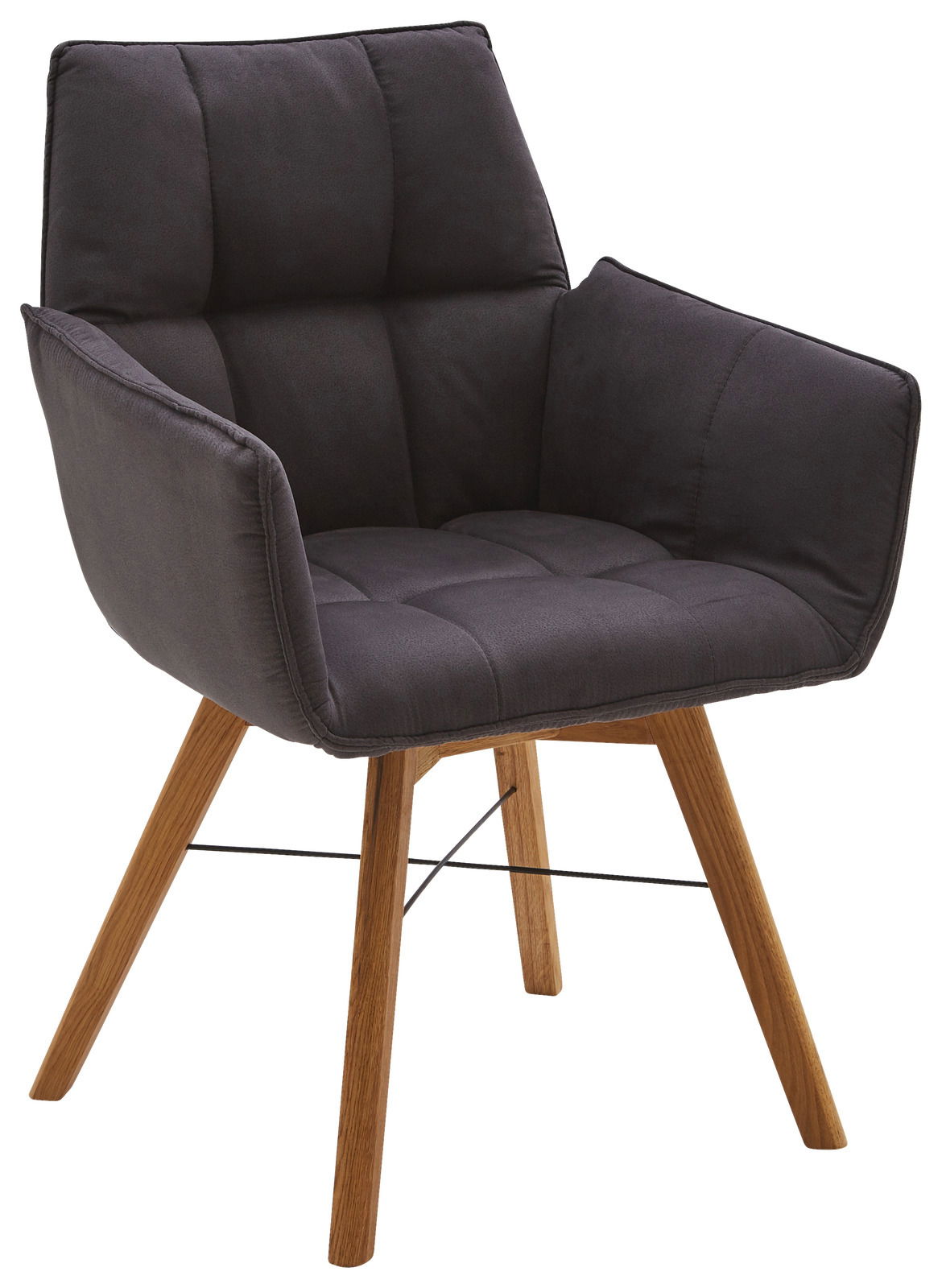 Moderner Armlehnenstuhl mit grauem Polster und Holzbeinen, seitliche Perspektive
