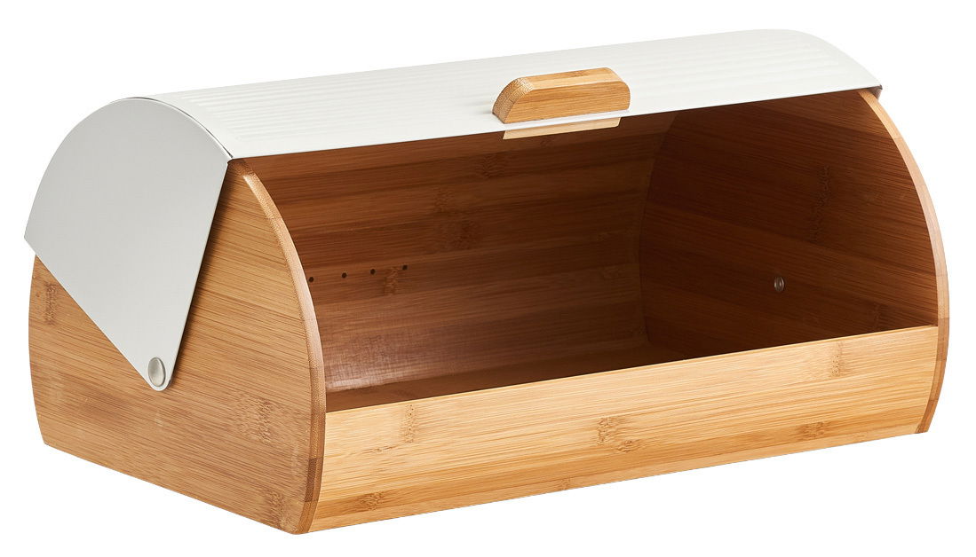 Brotkasten aus Holz mit weißem Rolldeckel, seitliche Perspektive