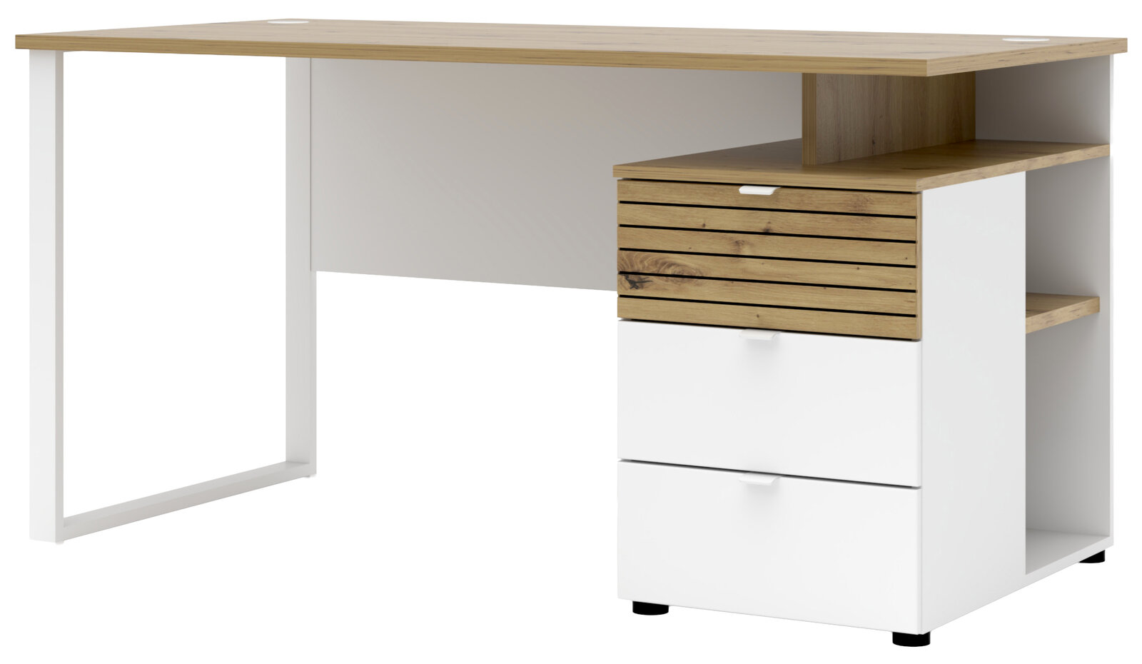 Moderner Schreibtisch mit weißem Gestell und Holzoberfläche, seitlich mit Schubladen und Regalfächern, Perspektive von vorne rechts.