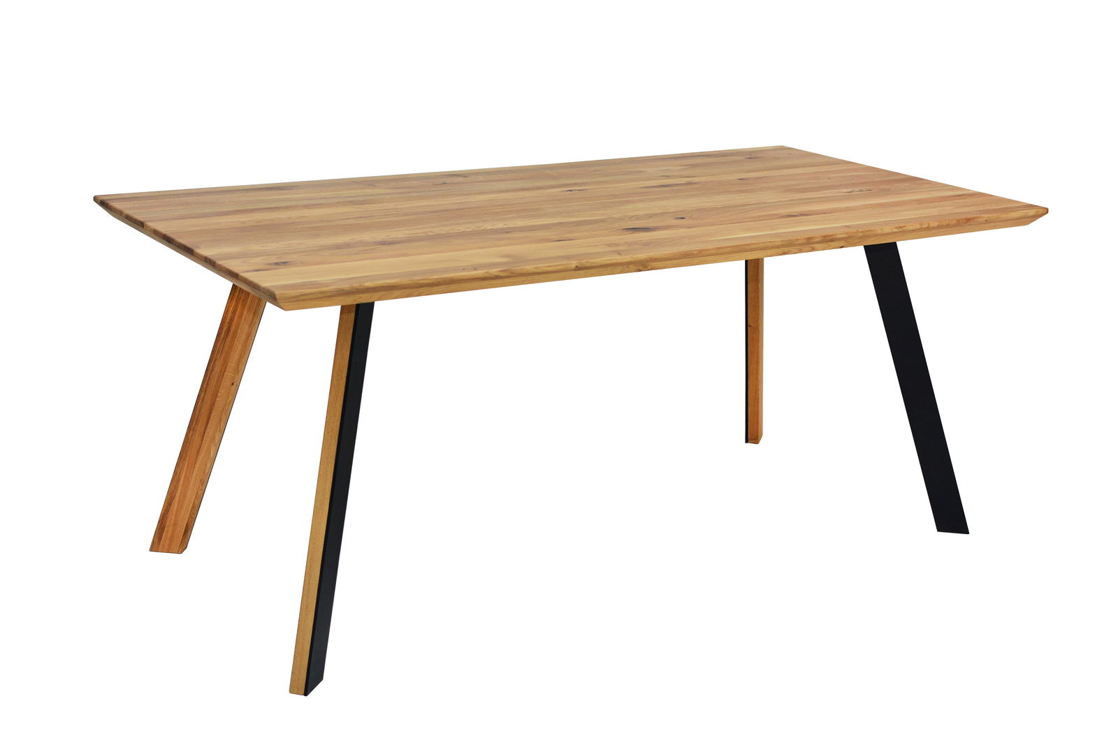 Moderner Esstisch aus Holz mit schrägen Beinen, seitliche Perspektive