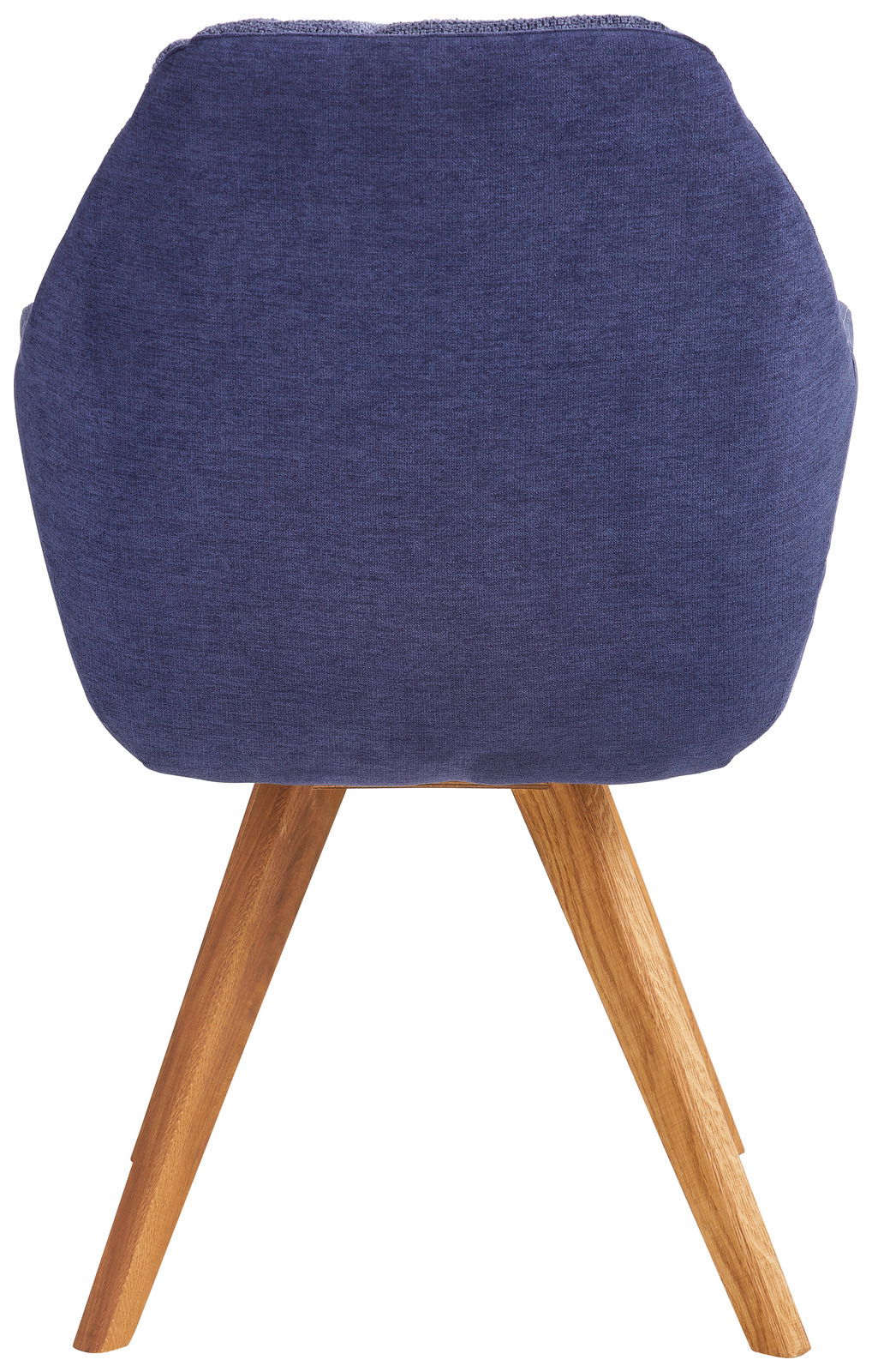 Rückansicht eines Sessels mit blauem Stoffbezug und Holzbeinen
