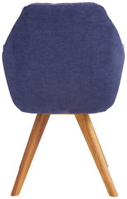Rückansicht eines Sessels mit blauem Stoffbezug und Holzbeinen