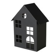 Schwarzes Windlicht in Form eines Hauses mit ausgeschnittenen Fenstern und Türen, seitliche Perspektive
