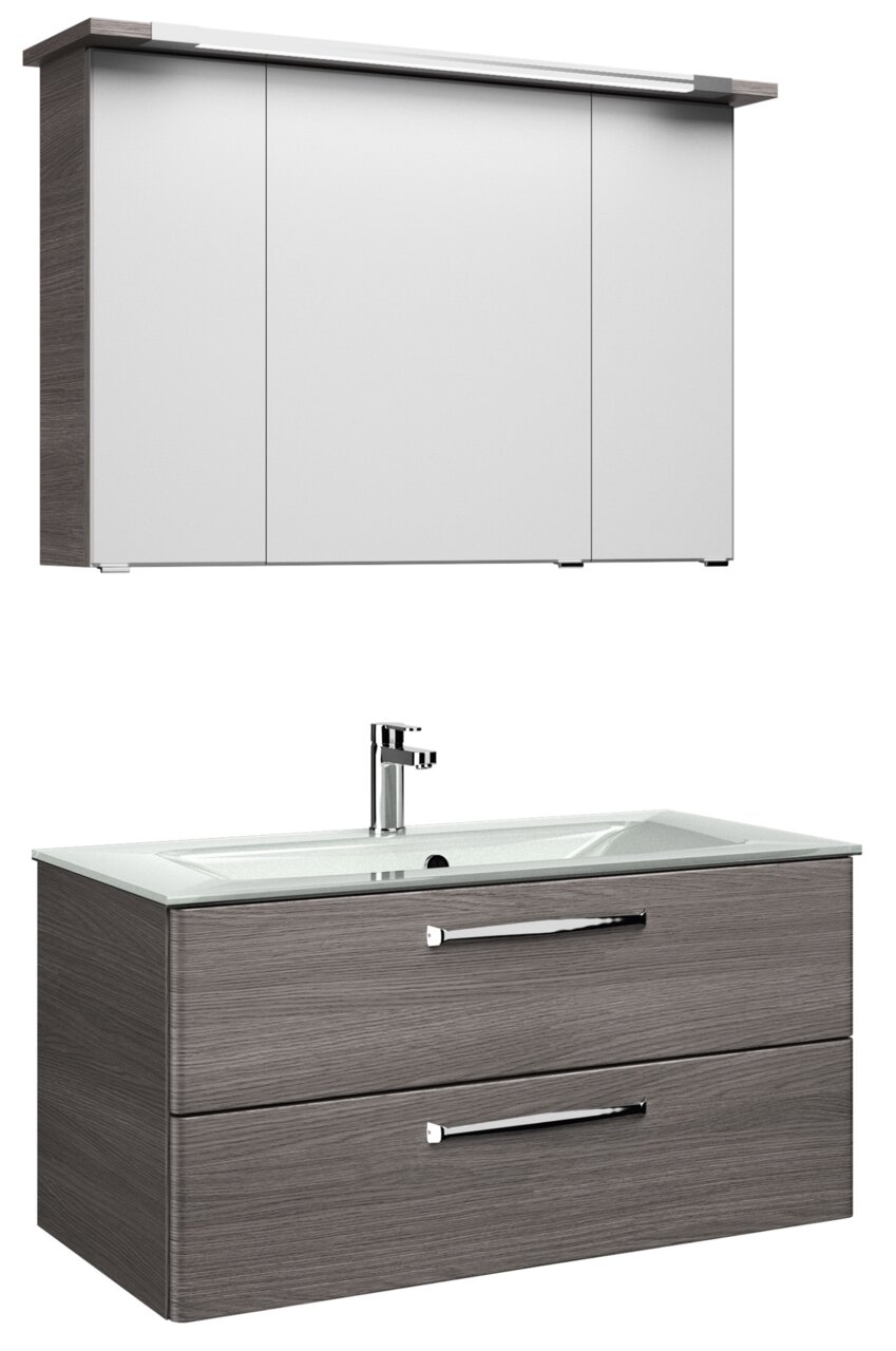 Pelipal Badblock TRENTINO Moderner Badblock mit Spiegelschrank und Waschbeckenunterschrank in Holzoptik, Frontansicht