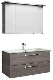 Moderner Badblock mit Spiegelschrank und Waschbeckenunterschrank in Holzoptik, Frontansicht