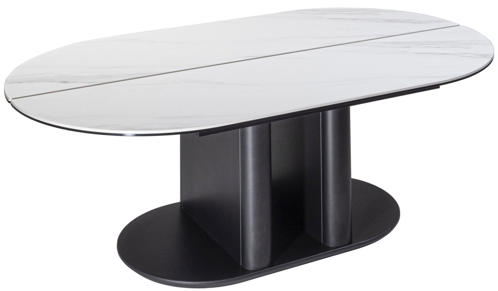 Moderner Couchtisch mit ovaler Marmorplatte und schwarzem Sockel, seitliche Perspektive
