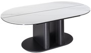 Moderner Couchtisch mit ovaler Marmorplatte und schwarzem Sockel, seitliche Perspektive