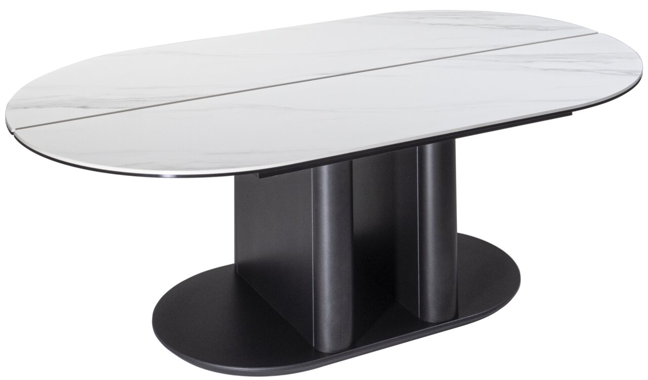 Moderner Couchtisch mit ovaler Marmorplatte und schwarzem Sockel, seitliche Perspektive