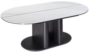Moderner Couchtisch mit ovaler Marmorplatte und schwarzem Sockel, seitliche Perspektive