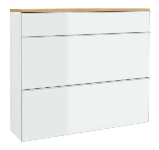 VOSS Hängeschuhschrank VORTINA Moderner Hängeschuhschrank mit drei weißen Schubladen und einer Holzoberfläche, Frontalansicht