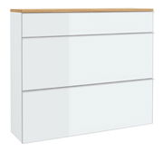 Moderner Hängeschuhschrank mit drei weißen Schubladen und einer Holzoberfläche, Frontalansicht