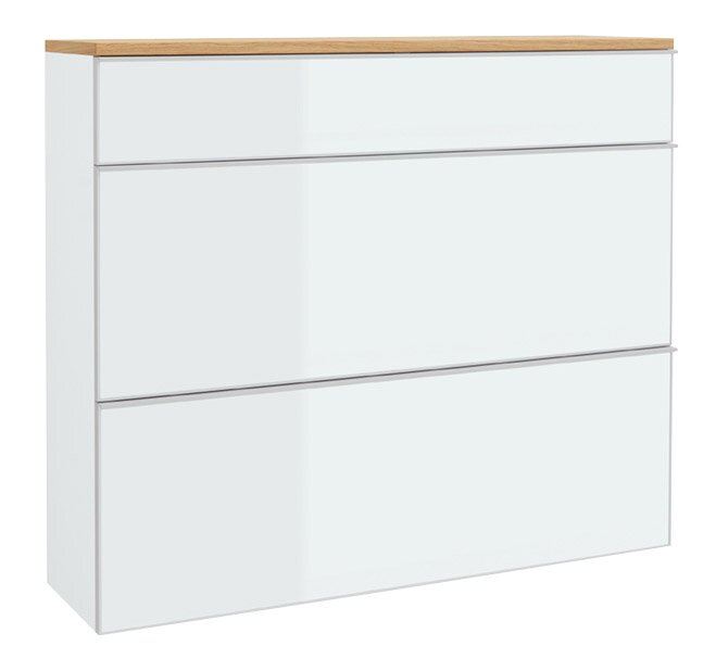 VOSS Hängeschuhschrank VORTINA Moderner Hängeschuhschrank mit drei weißen Schubladen und einer Holzoberfläche, Frontalansicht