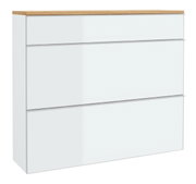 Moderner Hängeschuhschrank mit drei weißen Schubladen und einer Holzoberfläche, Frontalansicht