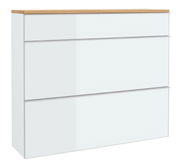 Moderner Hängeschuhschrank mit drei weißen Schubladen und einer Holzoberfläche, Frontalansicht