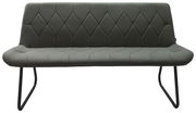 Grüne Bank mit gepolsterter Sitzfläche und Rückenlehne, schwarzes Metallgestell, Frontalansicht