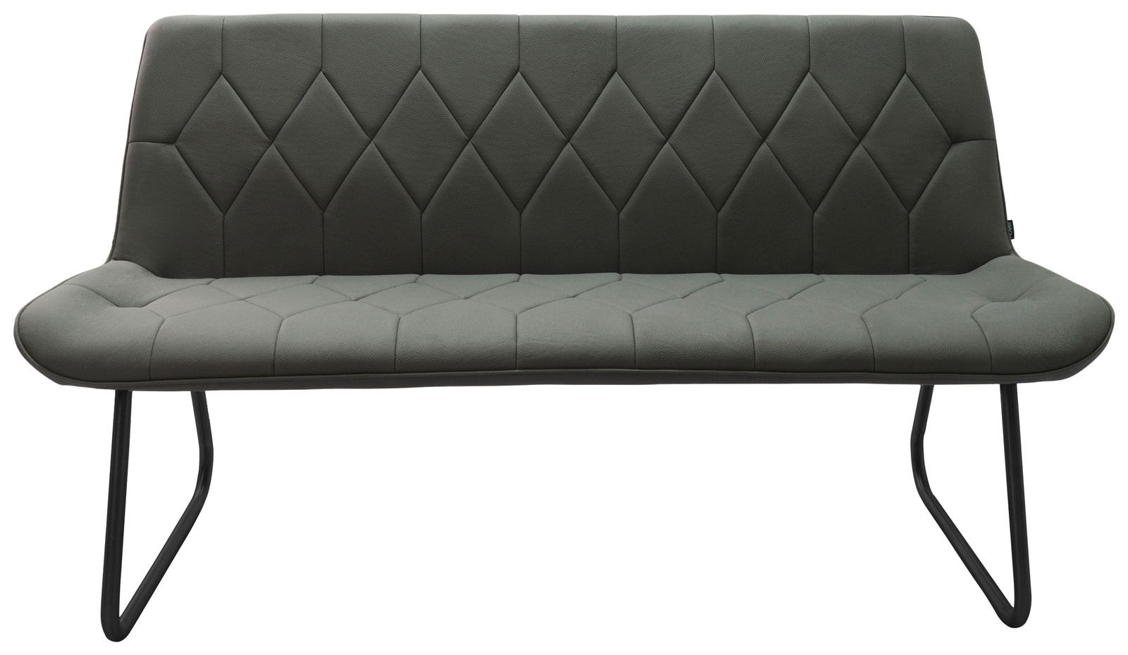 Grüne Bank mit gepolsterter Sitzfläche und Rückenlehne, schwarzes Metallgestell, Frontalansicht