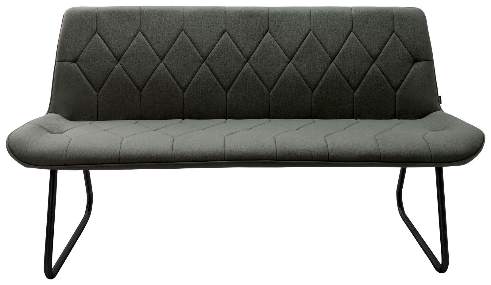Grüne Bank mit gepolsterter Sitzfläche und Rückenlehne, schwarzes Metallgestell, Frontalansicht