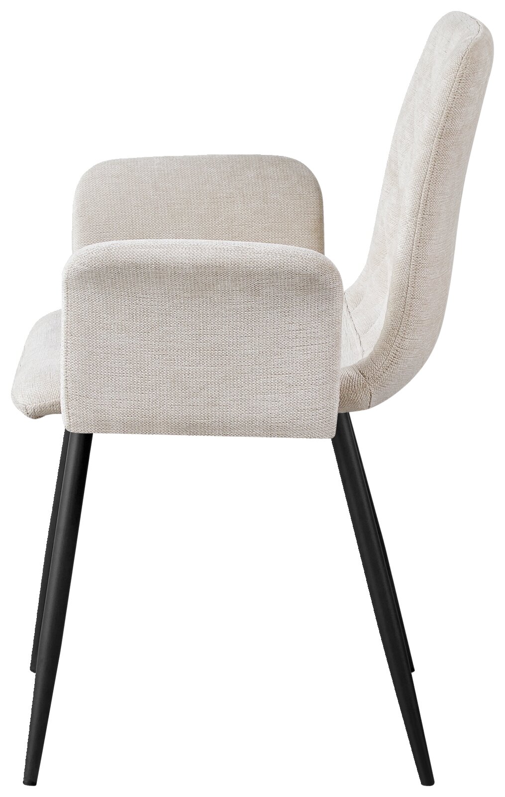 Zijaanzicht van een moderne fauteuil met een lichtgrijze stoffen bekleding en zwarte metalen poten.