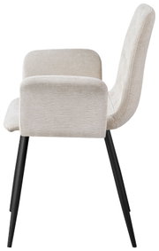 Zijaanzicht van een moderne fauteuil met een lichtgrijze stoffen bekleding en zwarte metalen poten.