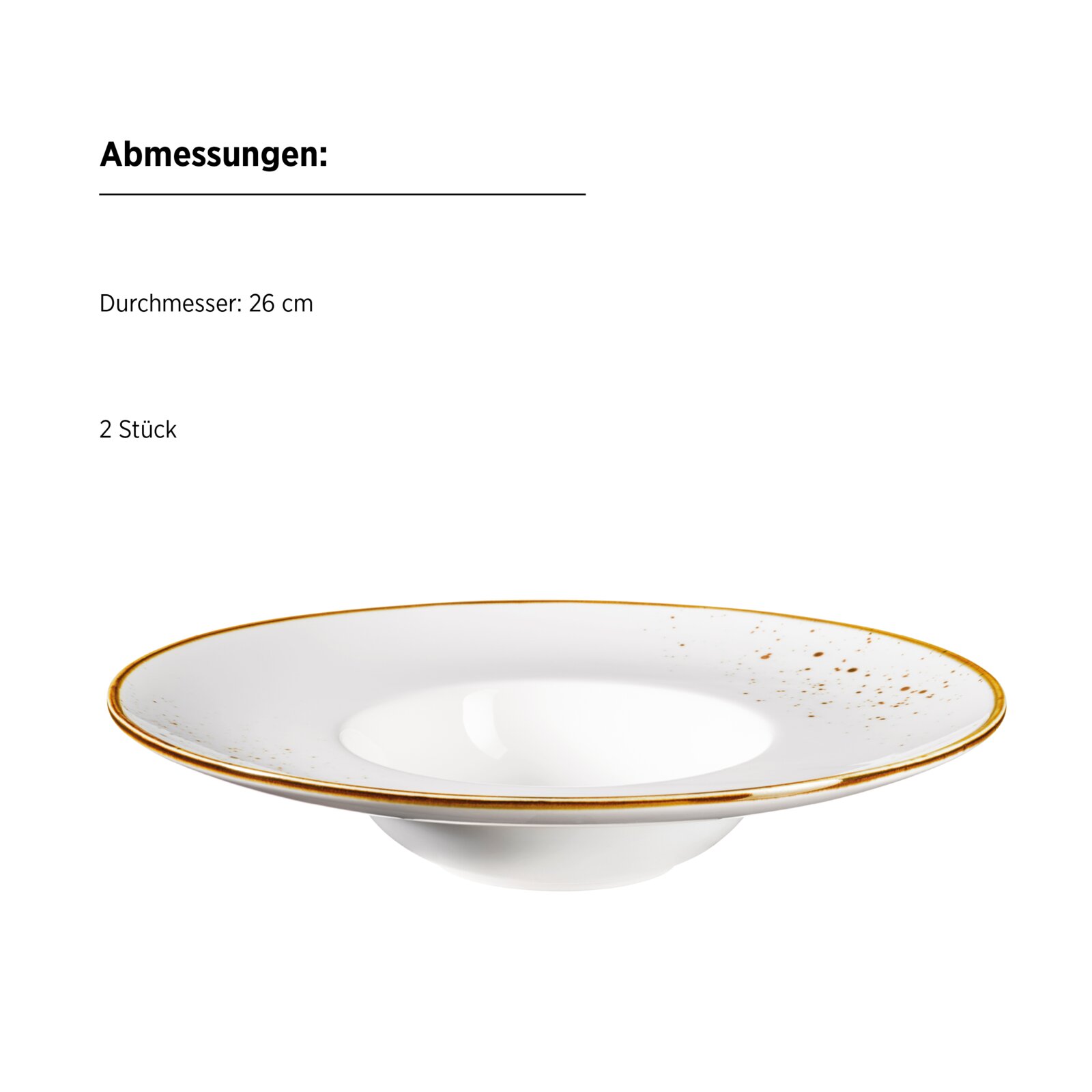 Weißer Speiseteller mit goldfarbenem Rand und Sprenkel-Design, Durchmesser 26 cm (2 Stück), freigestellt vor weißem Hintergrund, Ansicht leicht von oben
