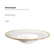 Weißer Speiseteller mit goldfarbenem Rand und Sprenkel-Design, Durchmesser 26 cm (2 Stück), freigestellt vor weißem Hintergrund, Ansicht leicht von oben