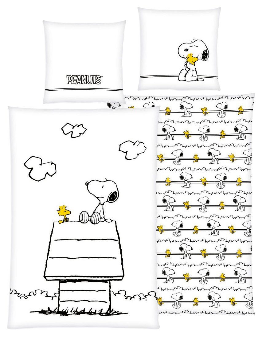 Bettwäsche-Set mit Snoopy und Woodstock-Motiven, bestehend aus einem Kissenbezug und einem Bettdeckenbezug, in einer verspielten und fröhlichen Cartoon-Optik. Perspektive von oben auf das gesamte Set.