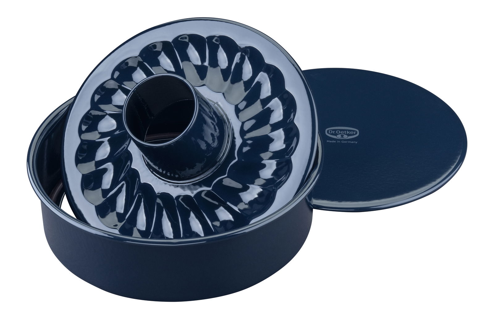 Backform mit zwei Böden, perspektivisch von oben gezeigt, mit glänzender Oberfläche und Dr. Oetker Logo.