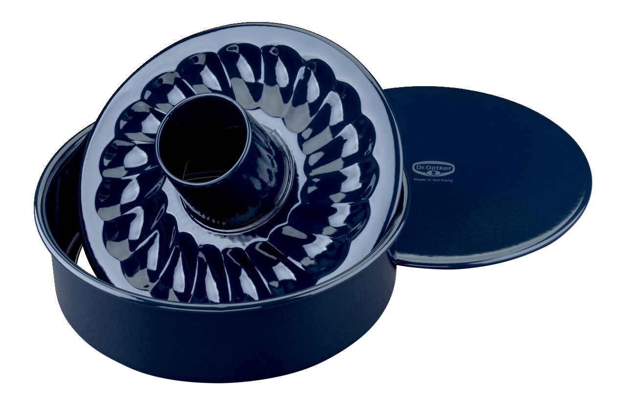Dr. Oetker Garantieform mit flach und Rohrboden BACKLIEBE Backform mit zwei Böden, perspektivisch von oben gezeigt, mit glänzender Oberfläche und Dr. Oetker Logo.