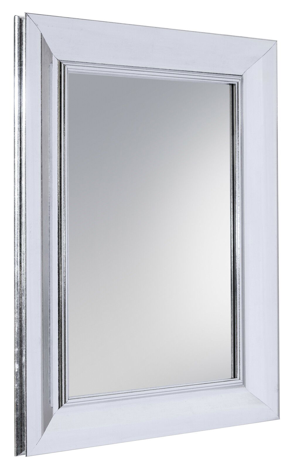 Rechteckiger Spiegel mit silbernem Rahmen, seitliche Perspektive