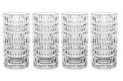 Set van vier transparante hoge drinkglazen met reliëfpatroon, frontale productfoto op witte achtergrond.