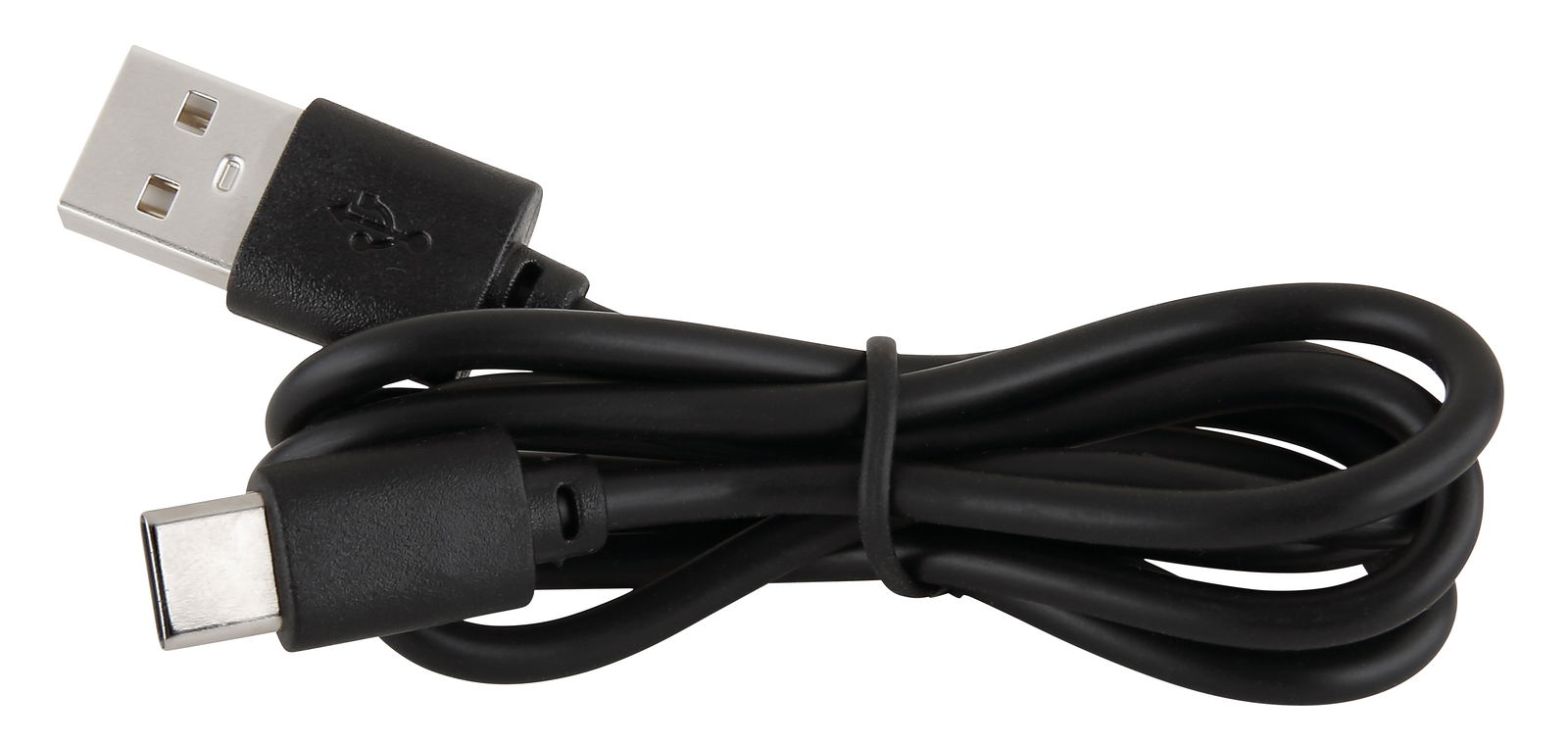 Schwarzes USB-Kabel mit USB-A- und USB-C-Anschlüssen, aufgerollt, seitliche Perspektive