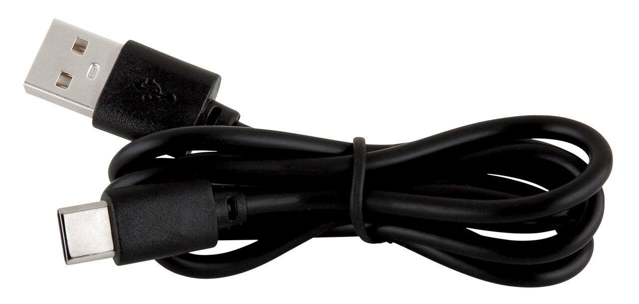 Zwarte USB-kabel met USB-A- en USB-C-aansluitingen, opgerold, zijaanzicht