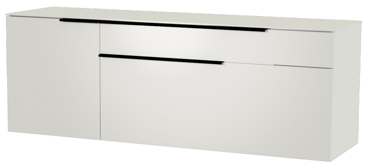 Weißes Hänge-Lowboard mit schwarzen Griffen, seitliche Perspektive