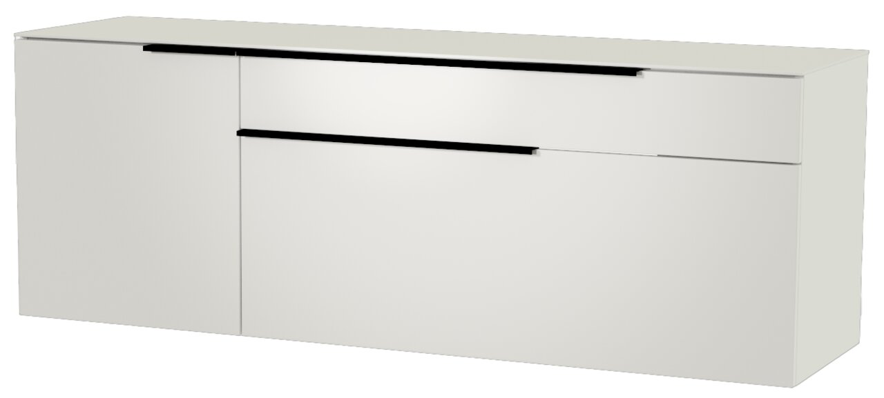 Weißes Hänge-Lowboard mit schwarzen Griffen, seitliche Perspektive