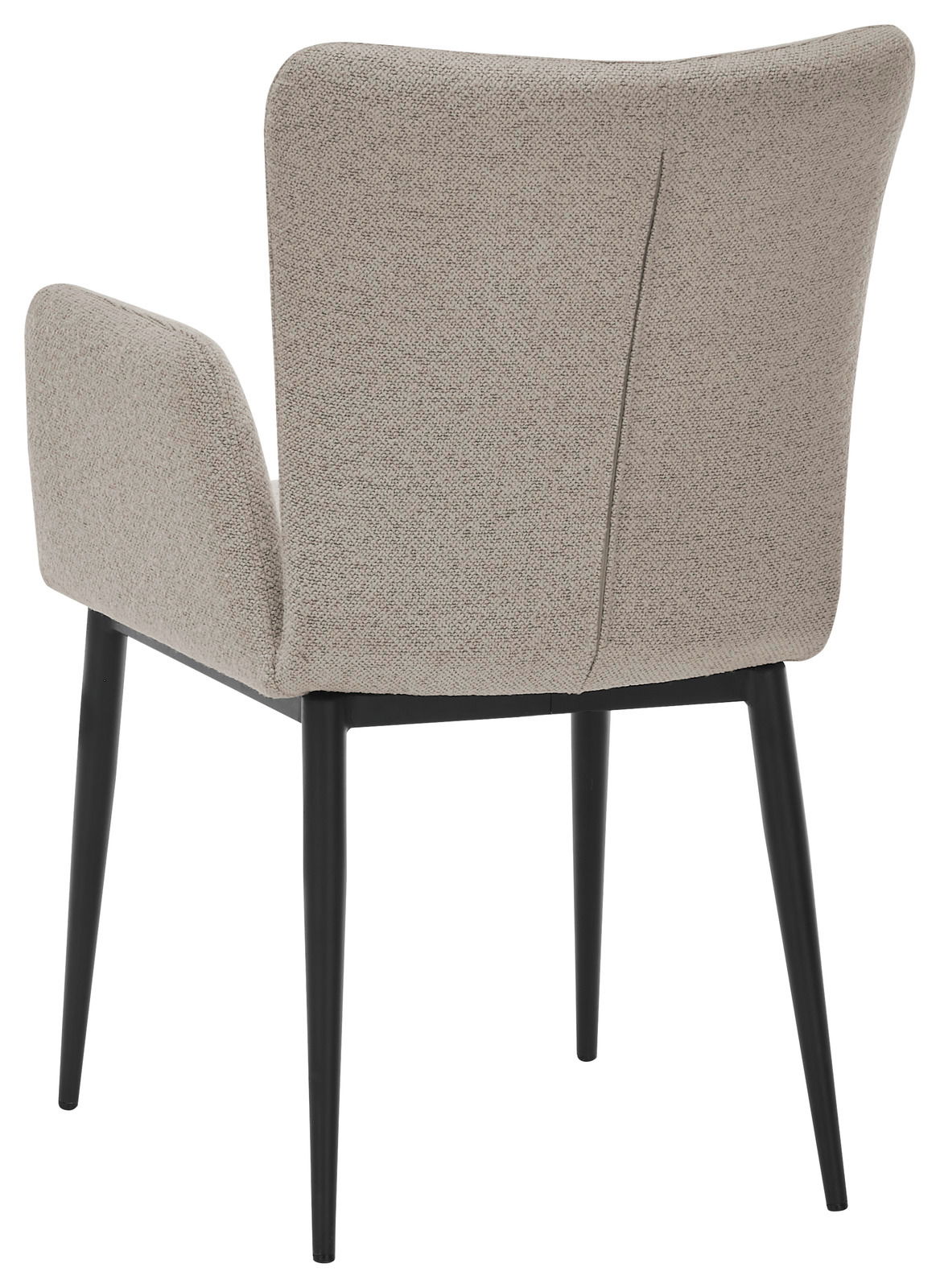 Rückansicht eines modernen Armlehnstuhls mit hellgrauem Stoffbezug und schwarzen, schlanken Beinen.