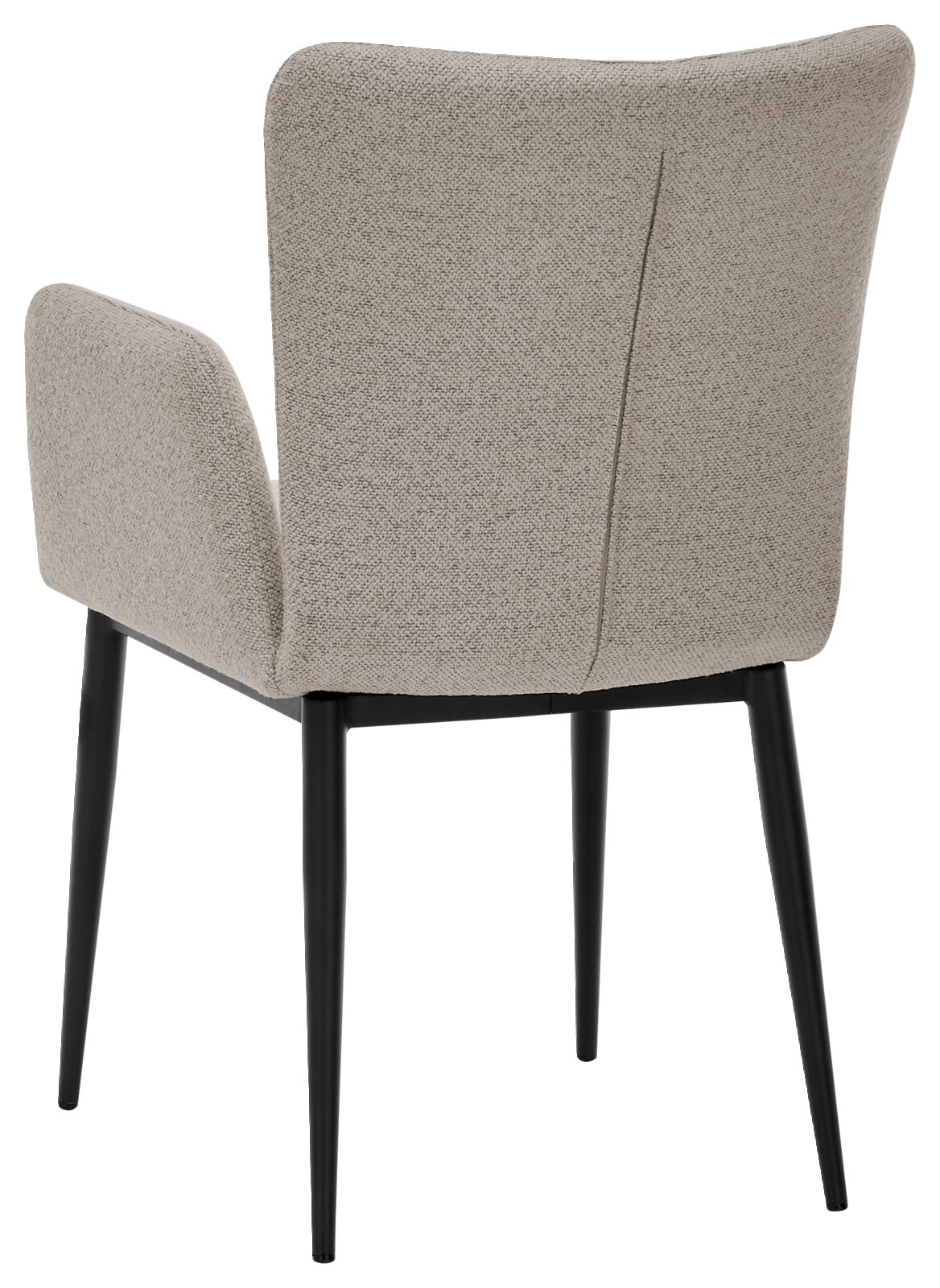 Achterkant van een moderne fauteuil met een lichtgrijze stoffen bekleding en zwarte, slanke poten.