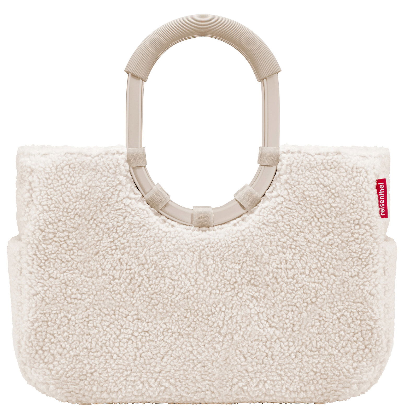 Weiße Tasche aus flauschigem Material mit ovalen Griffen, Vorderansicht