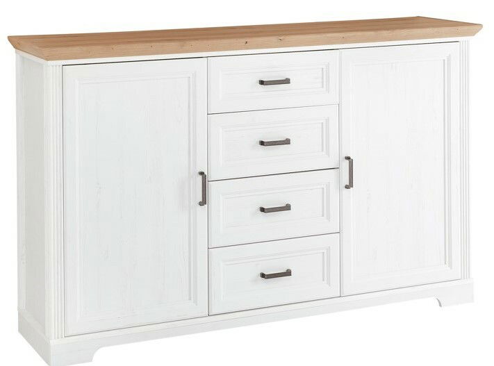 Weißes Sideboard mit vier Schubladen und zwei Türen, Holzplatte, Frontalansicht