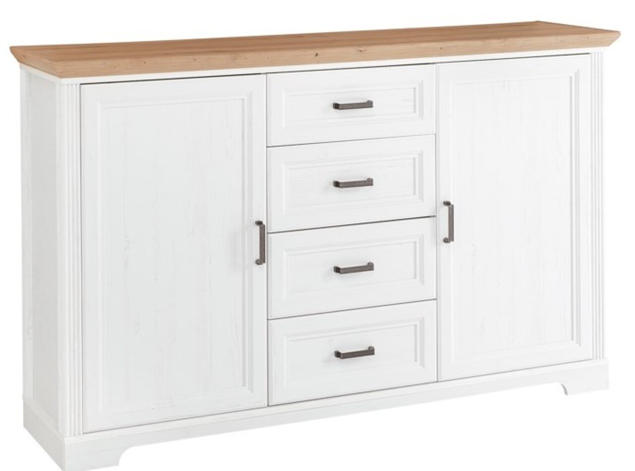 Wit dressoir met vier lades en twee deuren, houten blad, vooraanzicht