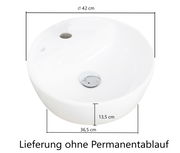Runder Waschtisch mit einem Durchmesser von 42 cm, Seitenansicht. Lieferung ohne Permanentablauf.
