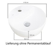 Runder Waschtisch mit einem Durchmesser von 42 cm, Seitenansicht. Lieferung ohne Permanentablauf.