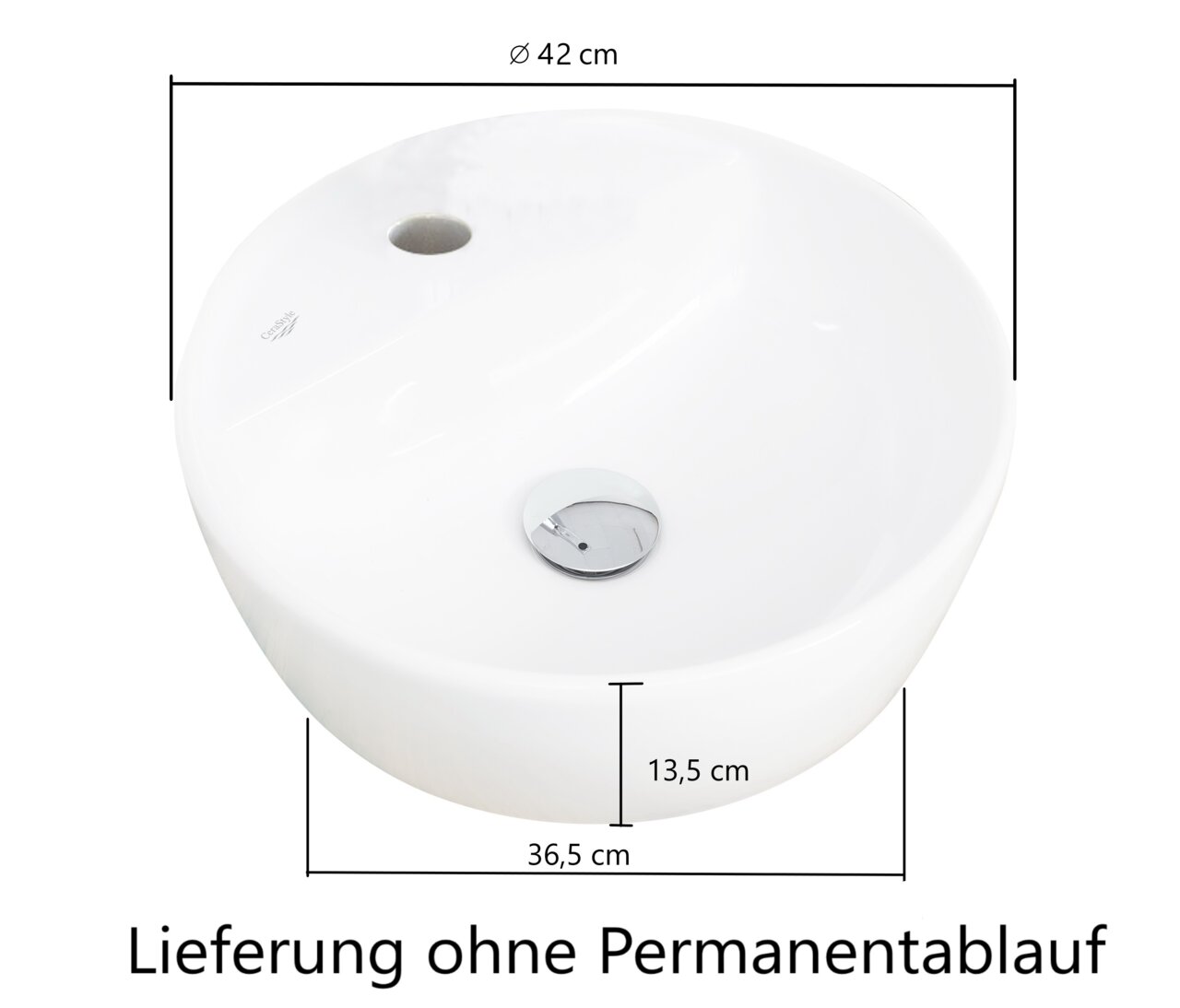 Runder Waschtisch mit einem Durchmesser von 42 cm, Seitenansicht. Lieferung ohne Permanentablauf.