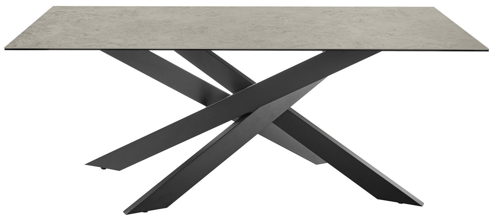 Moderner Esstisch mit grauer Tischplatte und schwarzem, gekreuztem Metallgestell, seitliche Perspektive