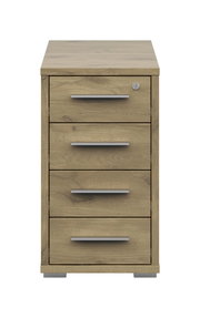 Frontansicht eines Anstellcontainers mit vier Schubladen in Holzoptik und silbernen Griffen.