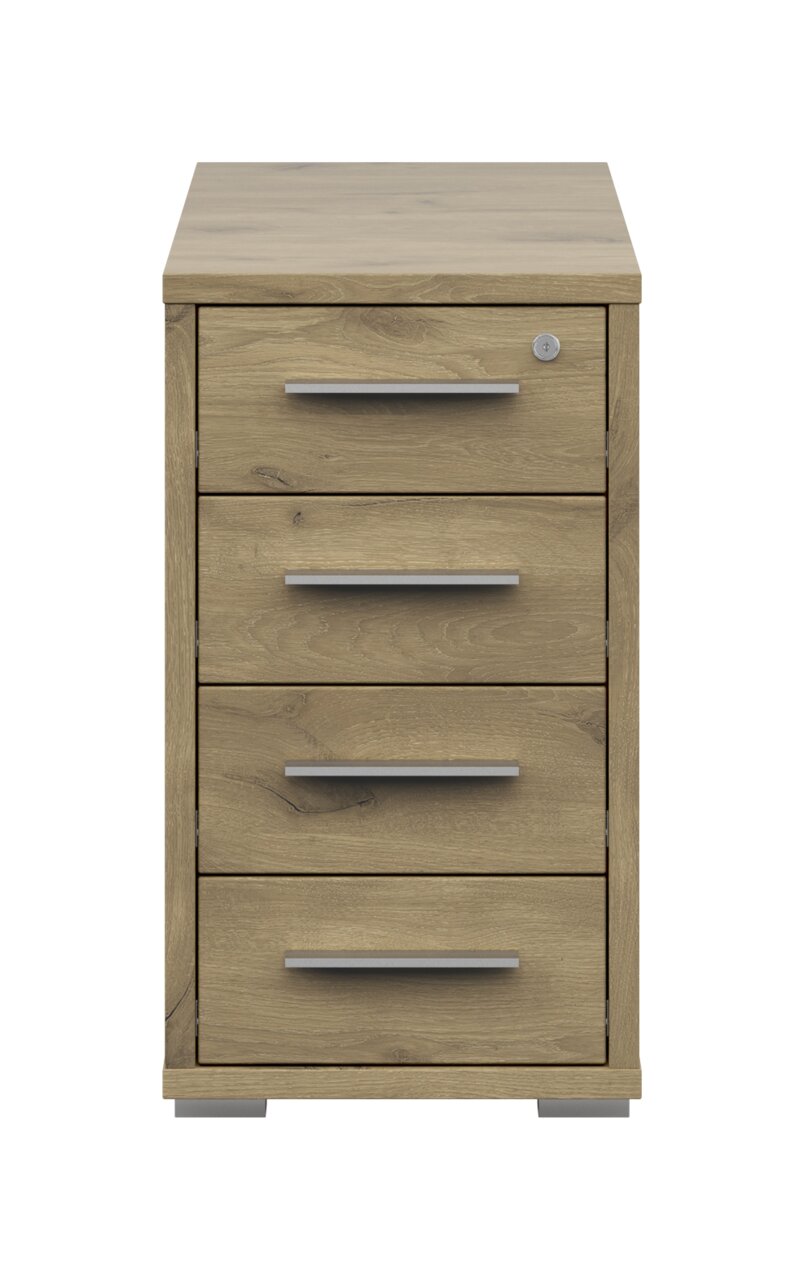 Frontansicht eines Anstellcontainers mit vier Schubladen in Holzoptik und silbernen Griffen.