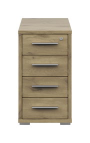 Frontansicht eines Anstellcontainers mit vier Schubladen in Holzoptik und silbernen Griffen.