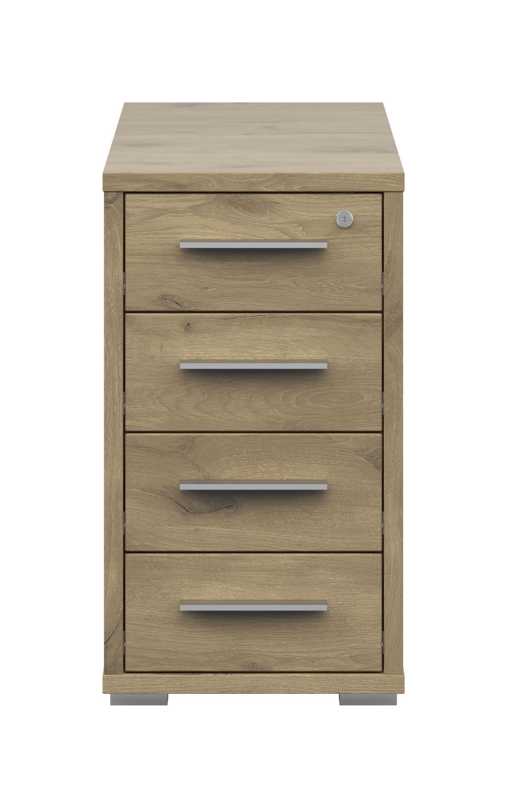 Frontansicht eines Anstellcontainers mit vier Schubladen in Holzoptik und silbernen Griffen.