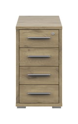 Frontansicht eines Anstellcontainers mit vier Schubladen in Holzoptik und silbernen Griffen.