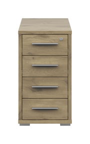 Frontansicht eines Anstellcontainers mit vier Schubladen in Holzoptik und silbernen Griffen.