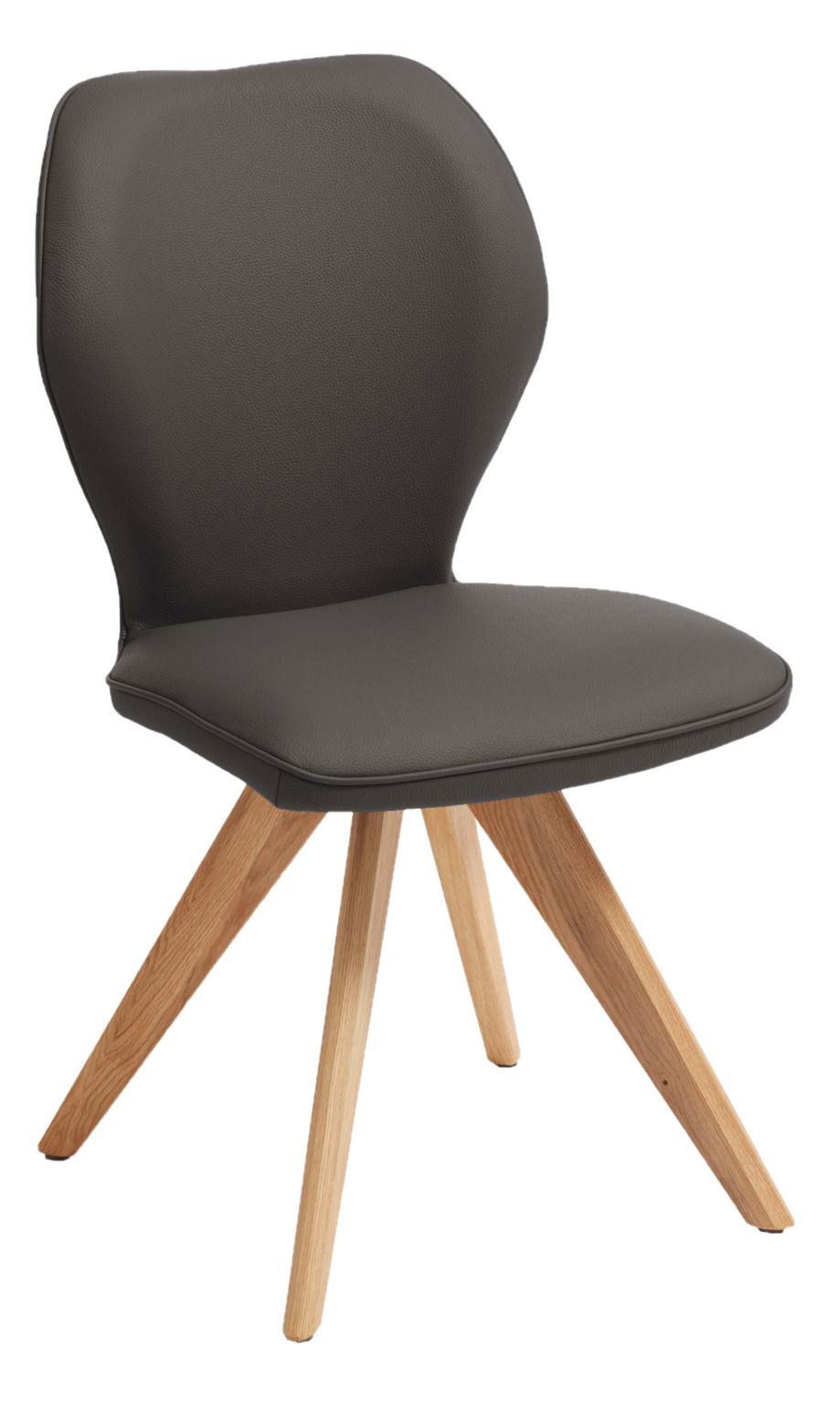 Moderner Stuhl mit schwarzem Sitz und Rückenlehne aus Lederimitat, sowie Holzbeinen in natürlicher Eichenoptik, seitliche Perspektive.